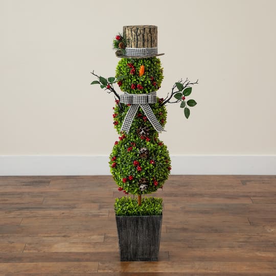 Nearly Natural 3.5ft. Pre-Lit Artificial Christmas Boxwood Snowman Topiary Tree in Decorative Planter